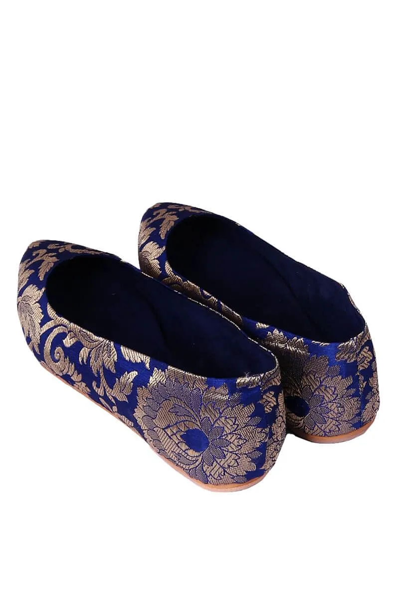 Blue Brocade Pointed Toe Ballerina Flats