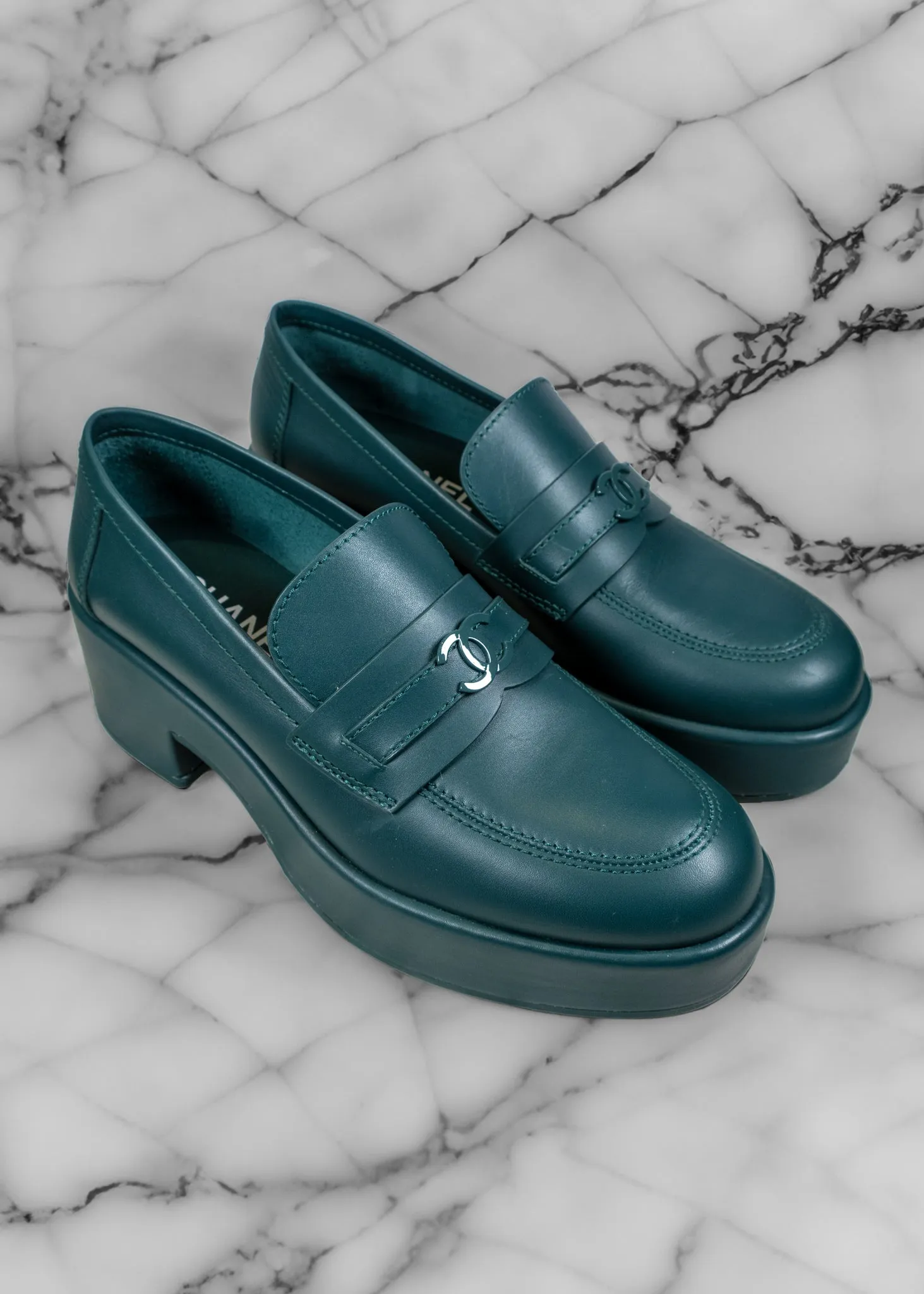 Chanel Dark Green Leather CC Platform Loafers