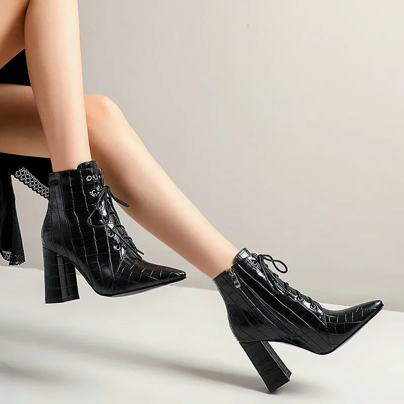 Cross Lace-Up Pointed Toe Ankle Boots