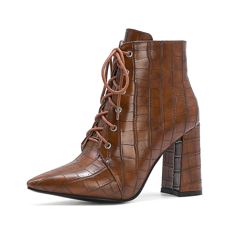 Cross Lace-Up Pointed Toe Ankle Boots