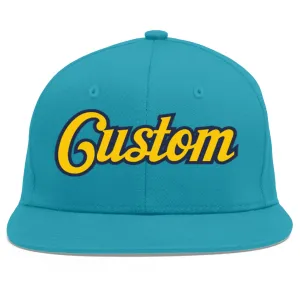 Custom Aqua Gold-Navy Flat Eaves Sport Baseball Cap