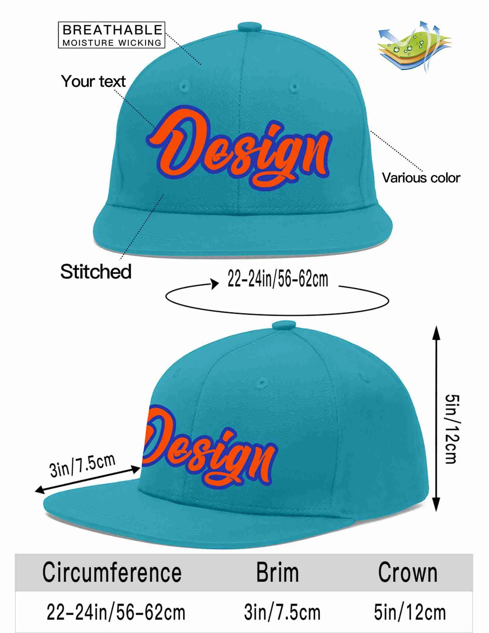 Custom Aqua Orange-Royal Flat Eaves Sport Baseball Cap Design for Men/Women/Youth