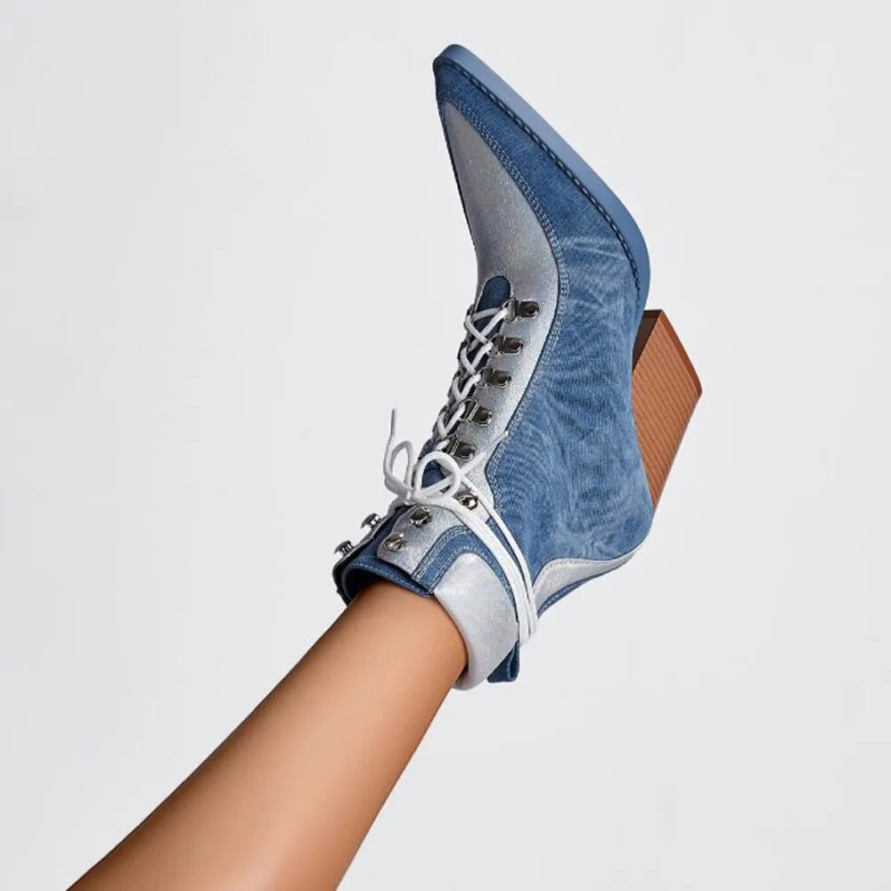 Denim Pointed Toe Lace Up Chelsea Boots