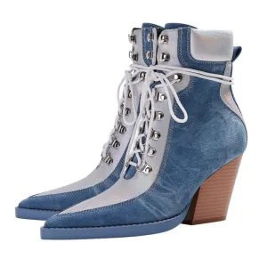 Denim Pointed Toe Lace Up Chelsea Boots