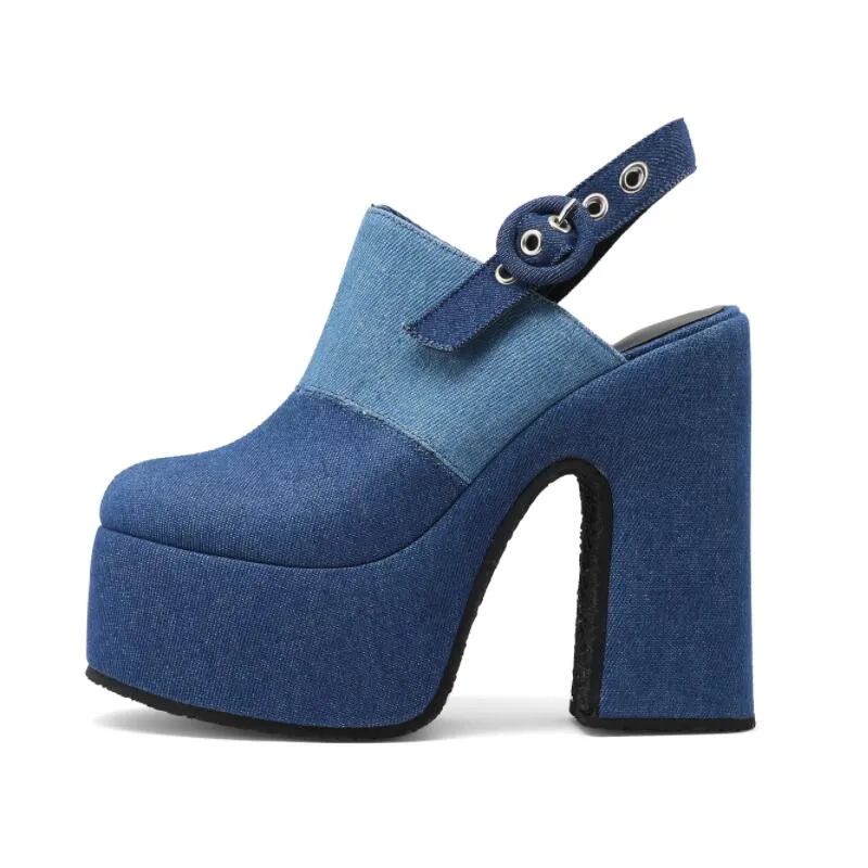 Denim Splice Patchwork High Heel Platform Mules