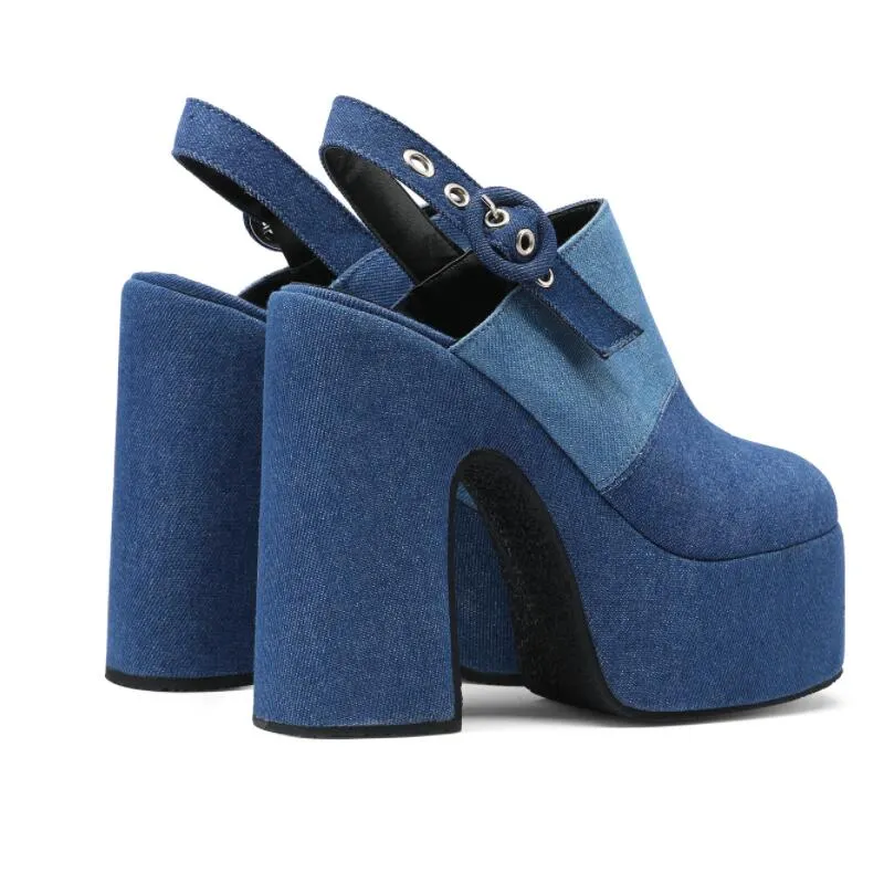 Denim Splice Patchwork High Heel Platform Mules