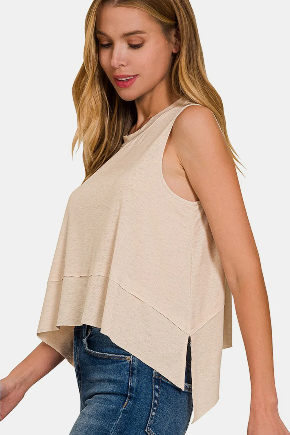 Exposed Seam Slit Round Neck Tank