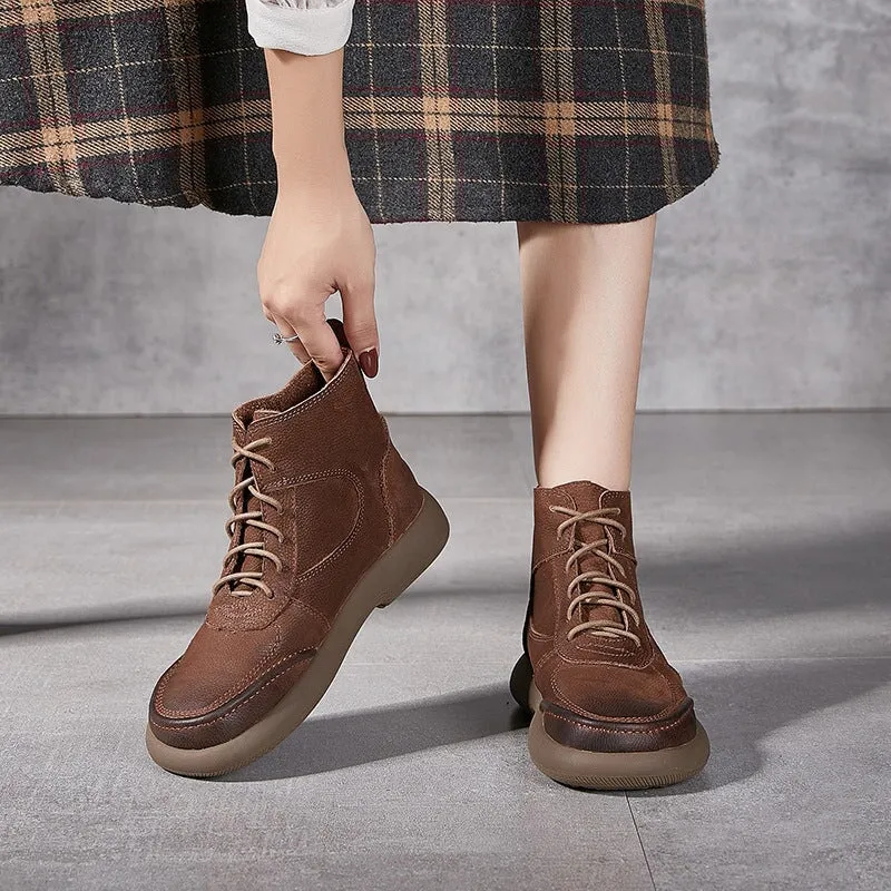 Genuine Leather Lace up Oxfords Boots For Women Handmade Soft Booties in Coffee/Khaki