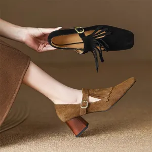 Handmade Suede Leather Pumps Mary Jane T Strap Square Toe Tassels Details in Black/Brown