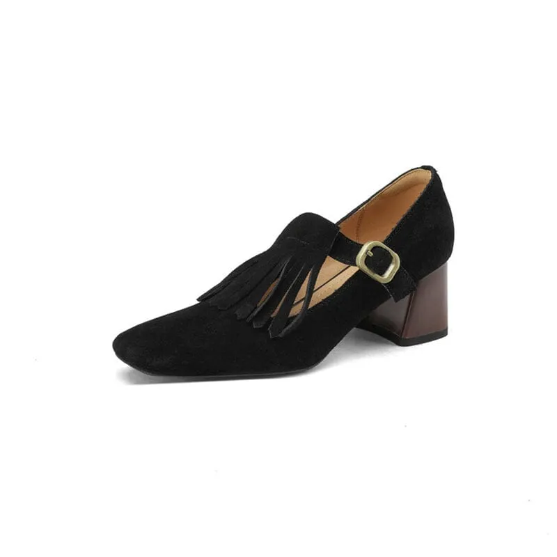 Handmade Suede Leather Pumps Mary Jane T Strap Square Toe Tassels Details in Black/Brown