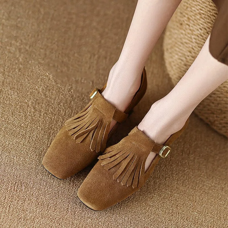 Handmade Suede Leather Pumps Mary Jane T Strap Square Toe Tassels Details in Black/Brown