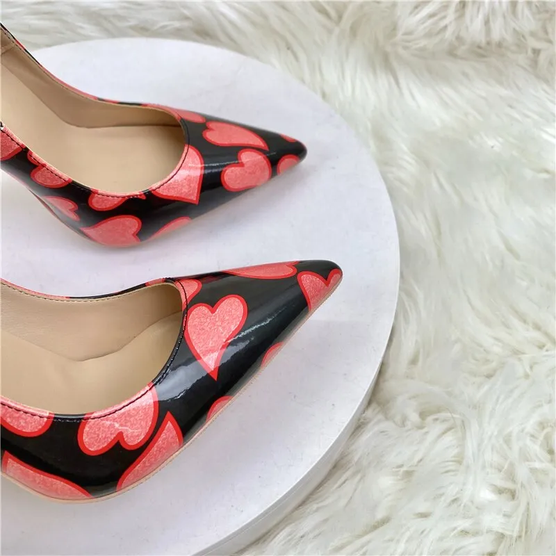 Heart Print Patent Pointed Toe Stiletto Pumps