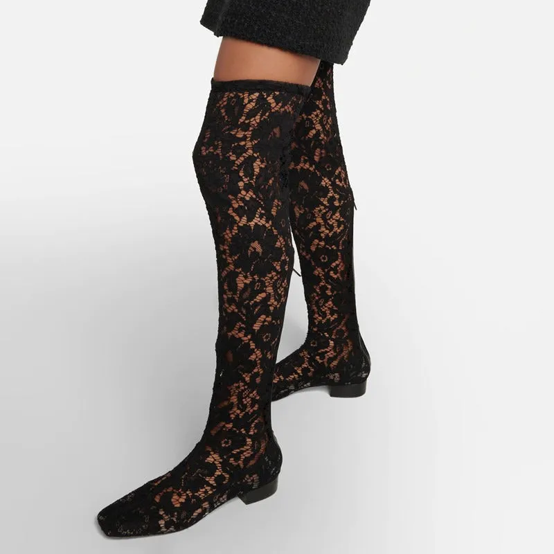 Lace Round Toe Low Heel Over-the-Knee Boots