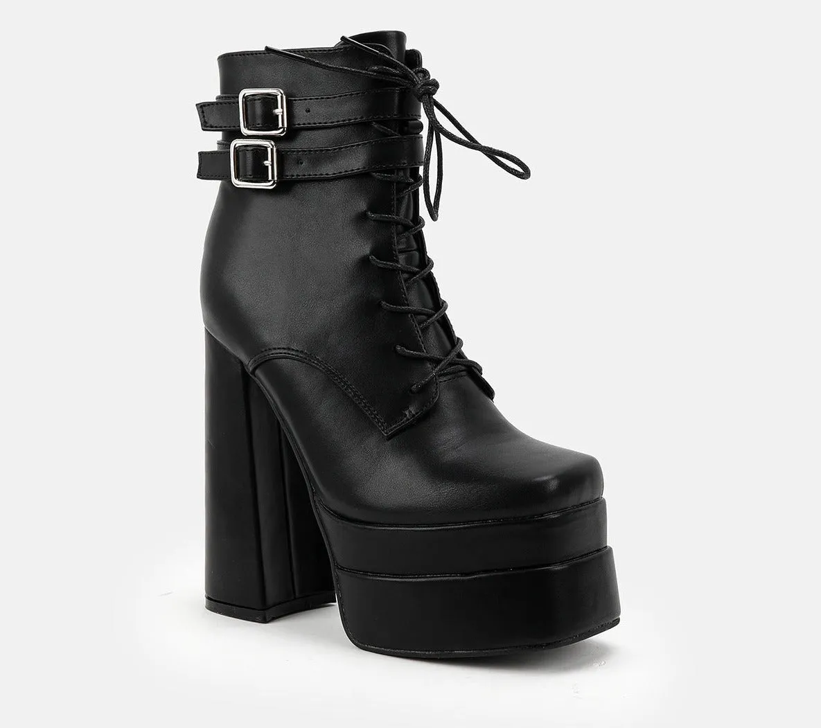 Lace-Up Block Heel Platform Mid-Calf Boots