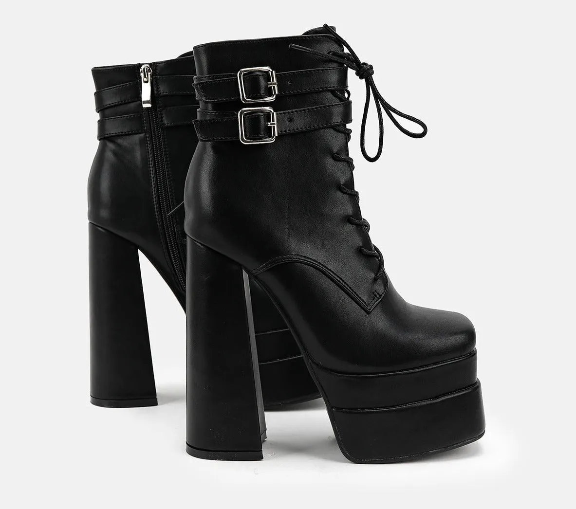 Lace-Up Block Heel Platform Mid-Calf Boots