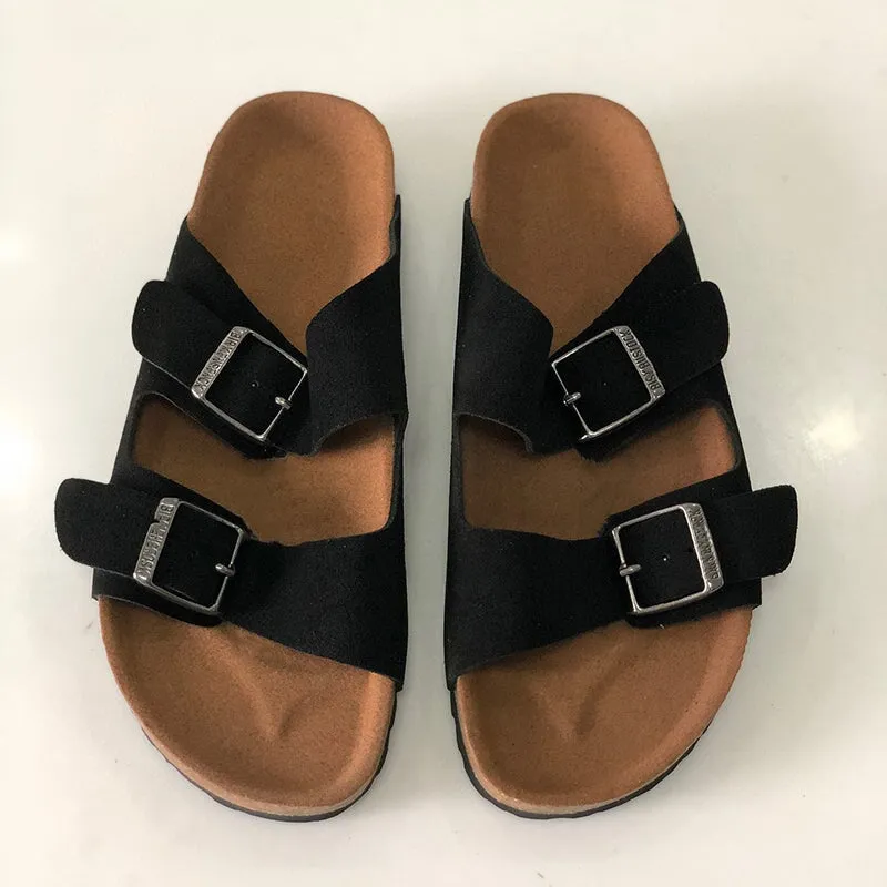 Leather Double-strap Slippers Footbed Sandals in Brown/Black/Pink/Gray