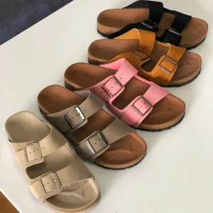 Leather Double-strap Slippers Footbed Sandals in Brown/Black/Pink/Gray