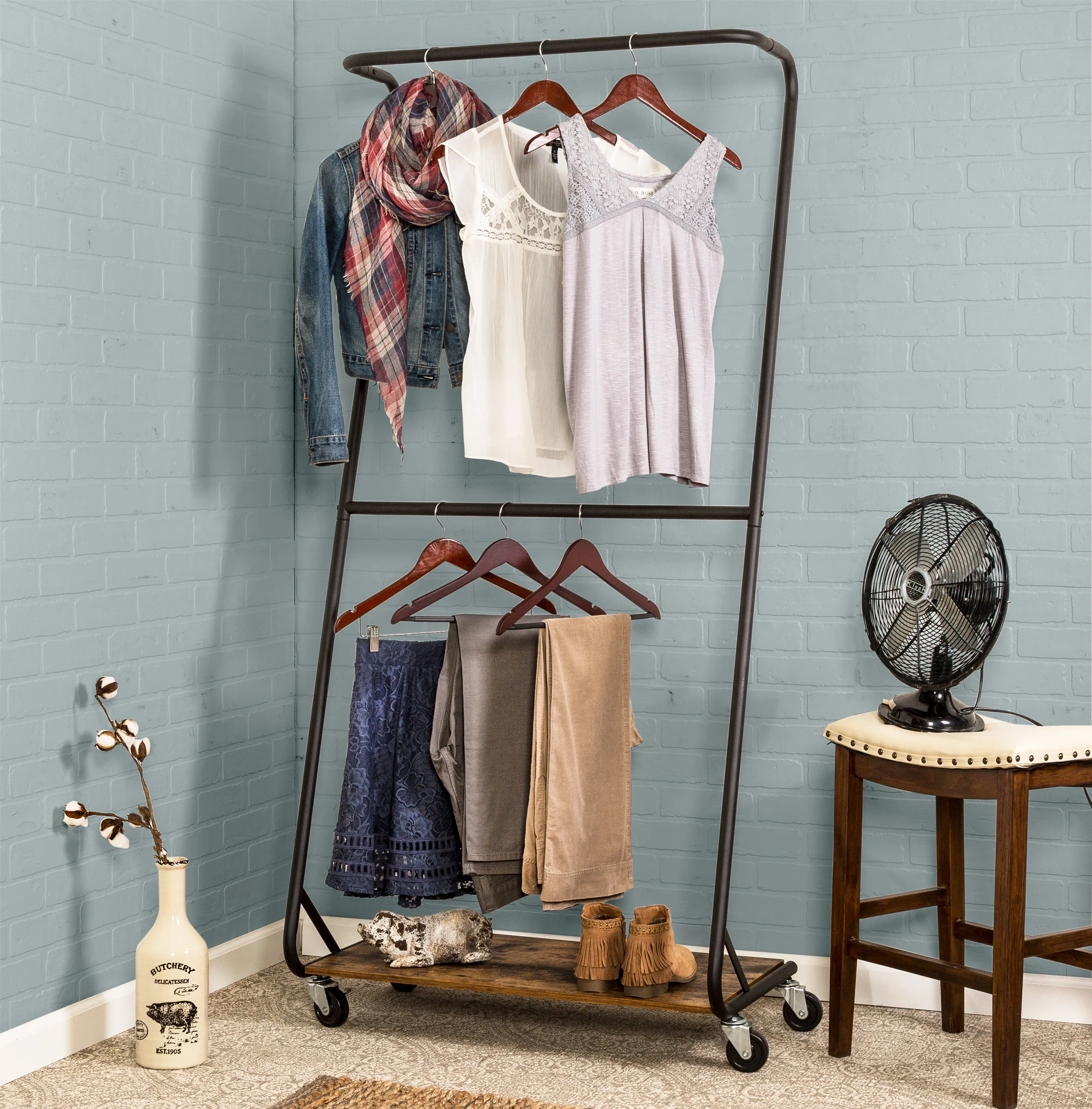 Matte Black/Rustic Wood Z-Frame Double Bar Rolling Clothes Rack