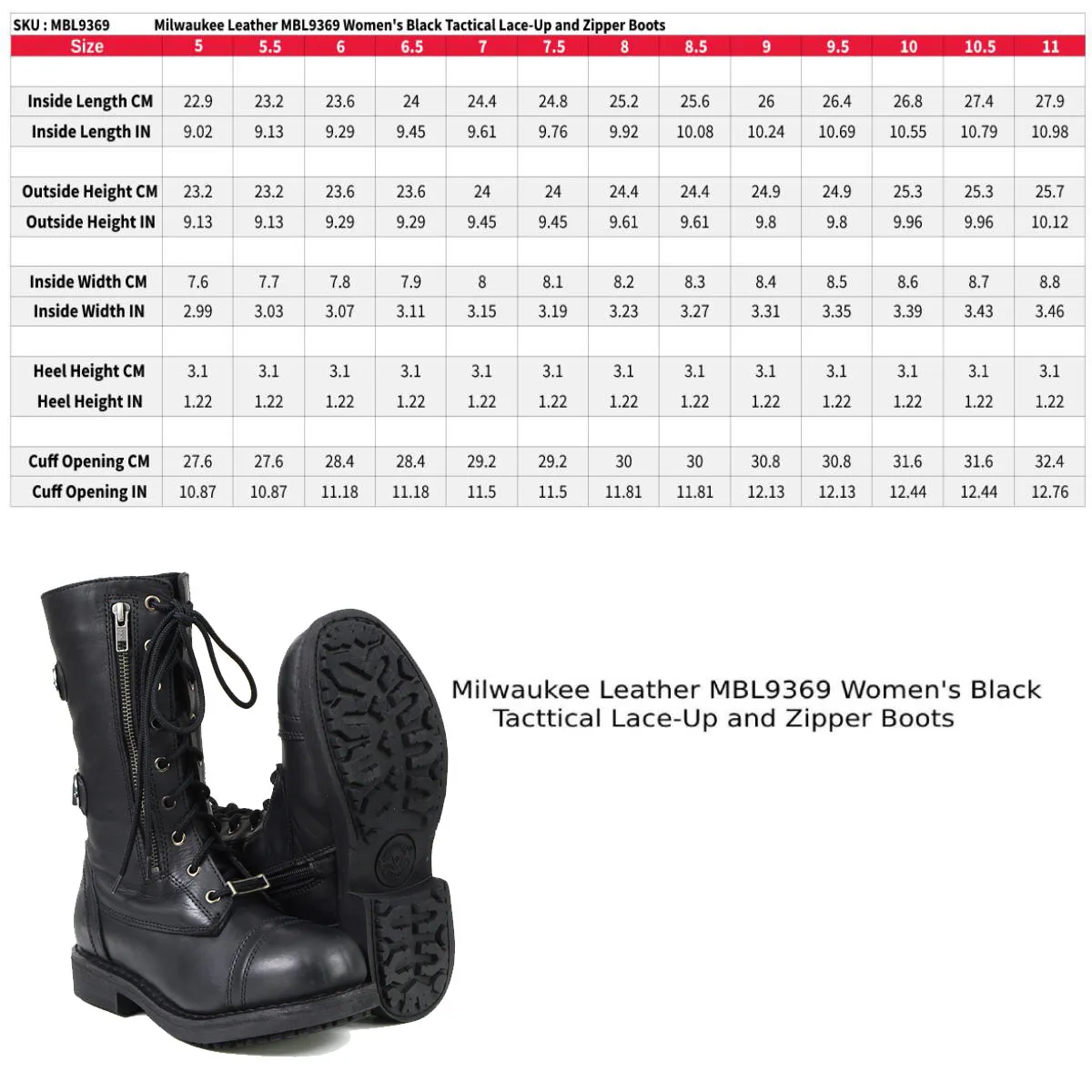 Milwaukee Leather MBL9369 Women's ‘Graze’ Black Leather Lace-Up Motorcycle Boots with Zipper Pocket