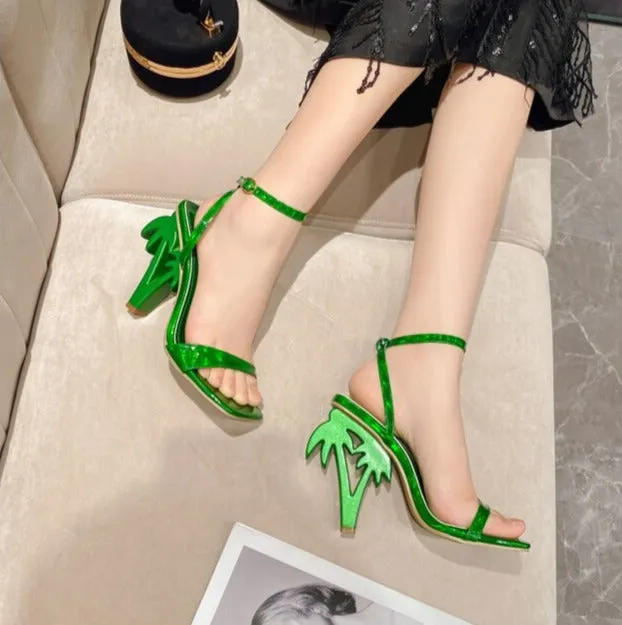 Palm Tree Heel Ankle Cross Strap Sandals