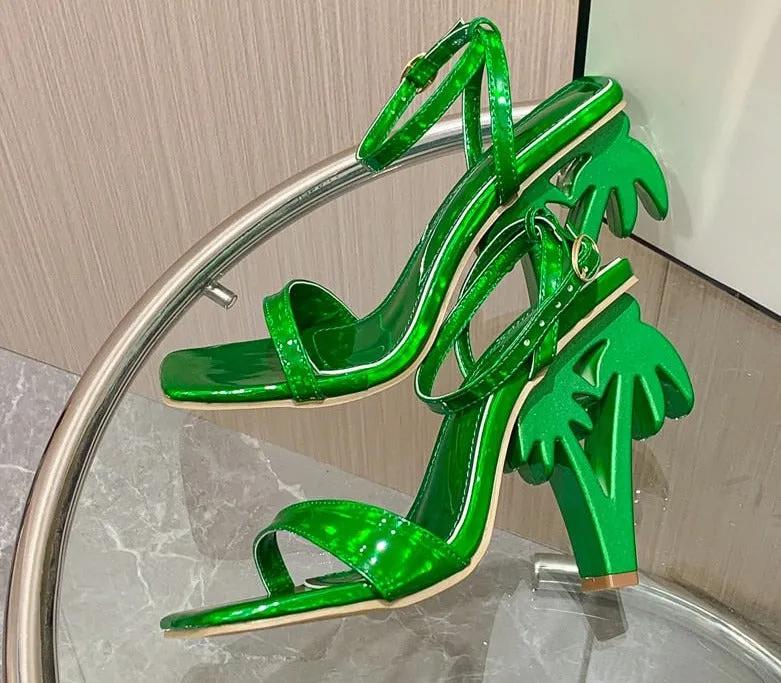 Palm Tree Heel Ankle Cross Strap Sandals