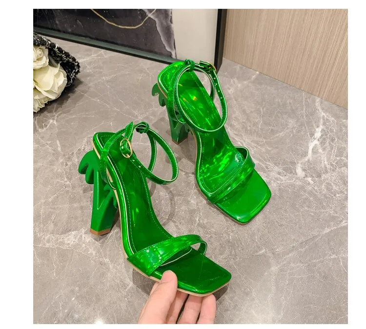 Palm Tree Heel Ankle Cross Strap Sandals