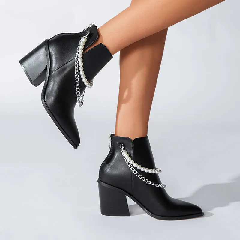 Pearls Chain Pointed Toe Wedge Heels Cowboy Boots