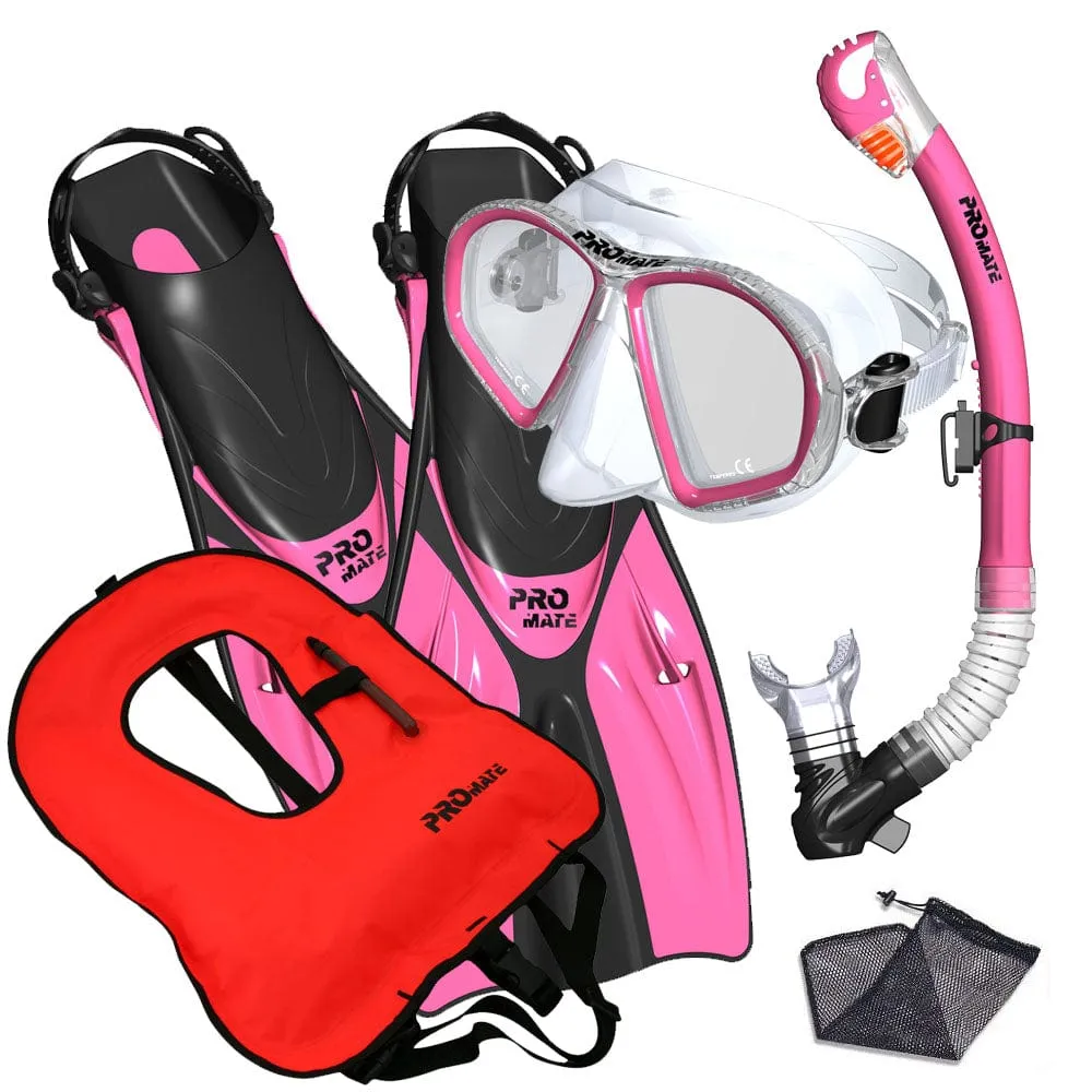 Promate Spectrum Adult Snorkeling Mask Dry Snorkel Fins Gear Bag Set With Snorkel Vest Jacket - SCS0099  SV01