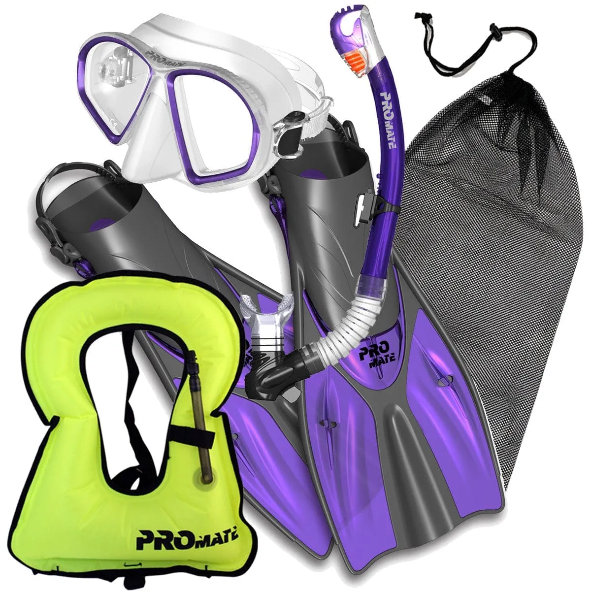 Promate Spectrum Adult Snorkeling Mask Dry Snorkel Fins Gear Bag Set With Snorkel Vest Jacket - SCS0099  SV01