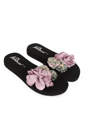 Purple Flower Black Slider Sandals