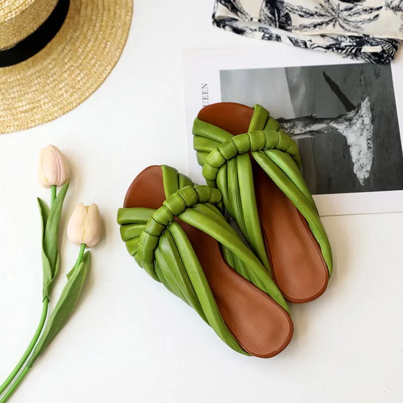 Retro Leather Peep Toe Slide Sandals Braided Slippers in Green/Apricot