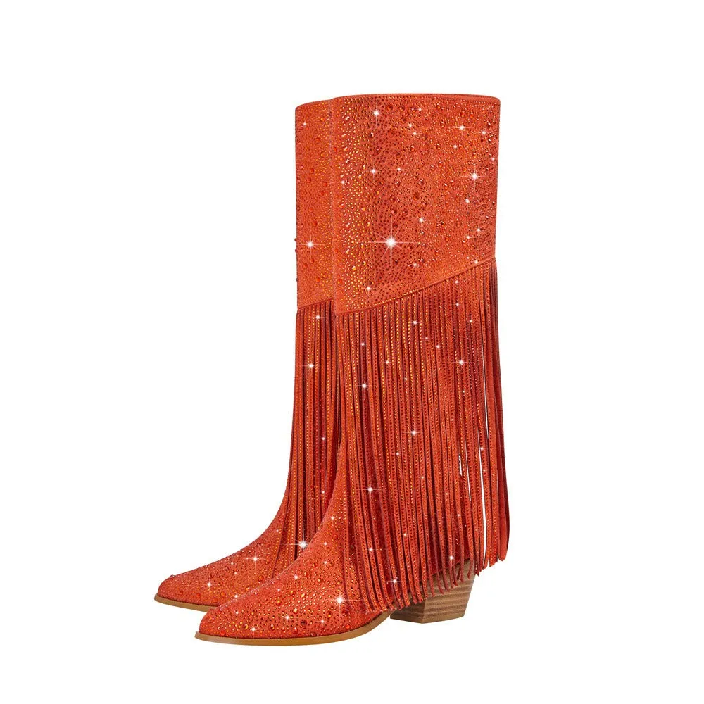 Rhinestone Fringe Square Heel Boots