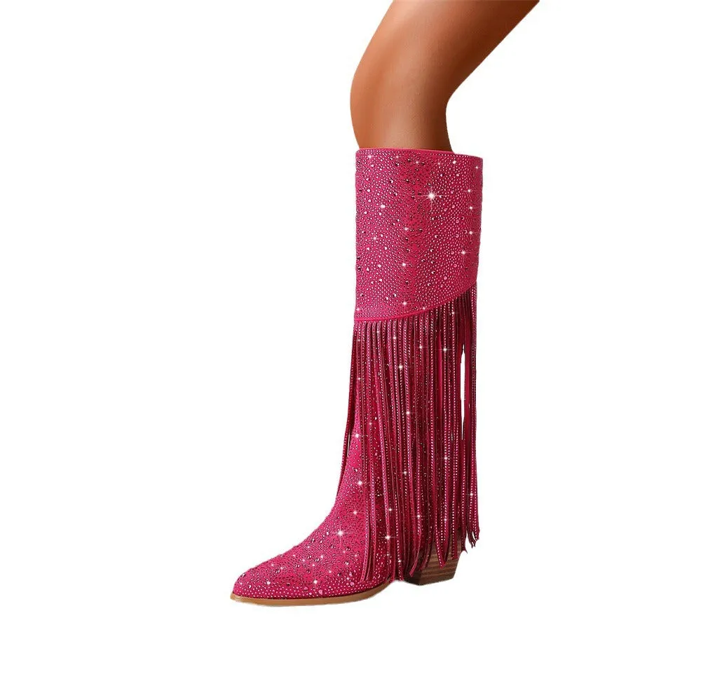 Rhinestone Fringe Square Heel Boots