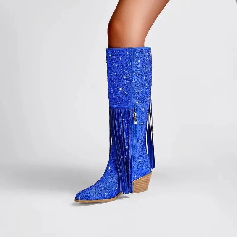 Rhinestone Fringe Square Heel Boots