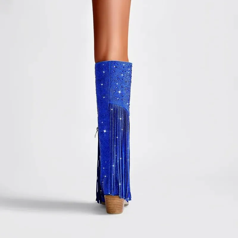 Rhinestone Fringe Square Heel Boots