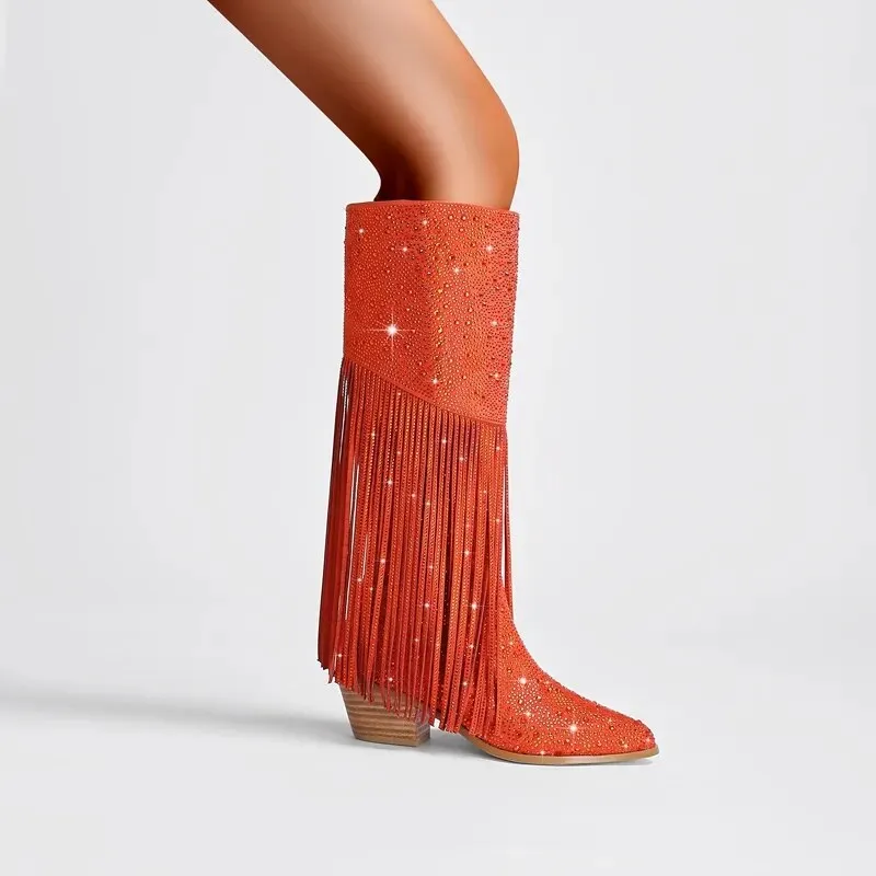 Rhinestone Fringe Square Heel Boots