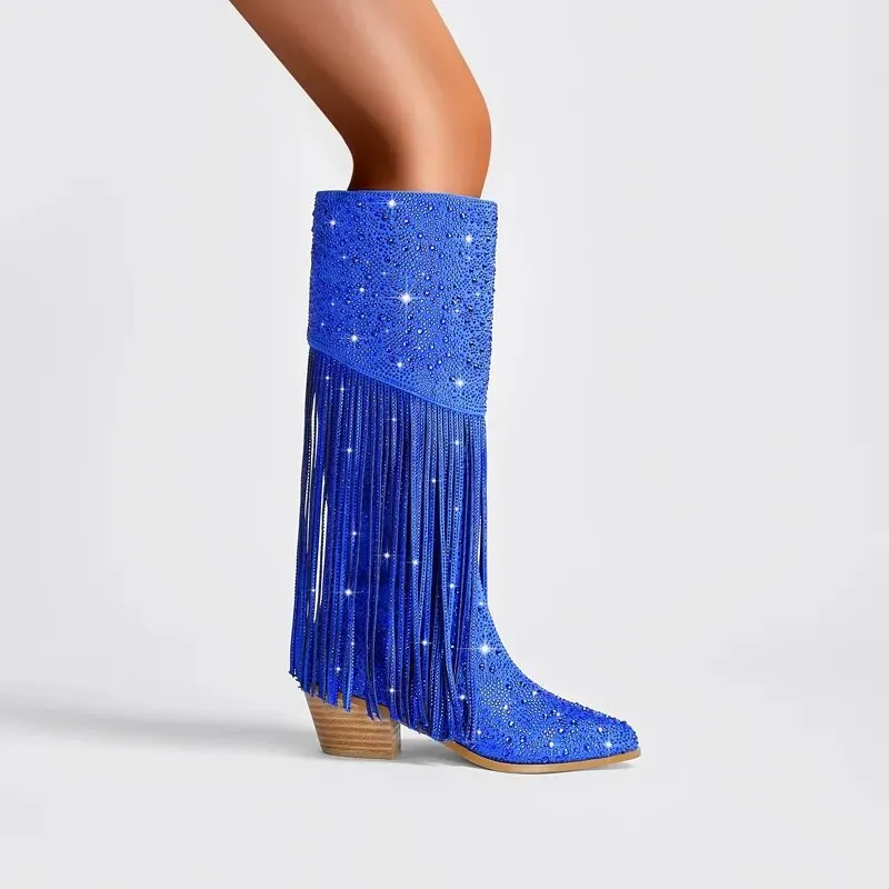 Rhinestone Fringe Square Heel Boots