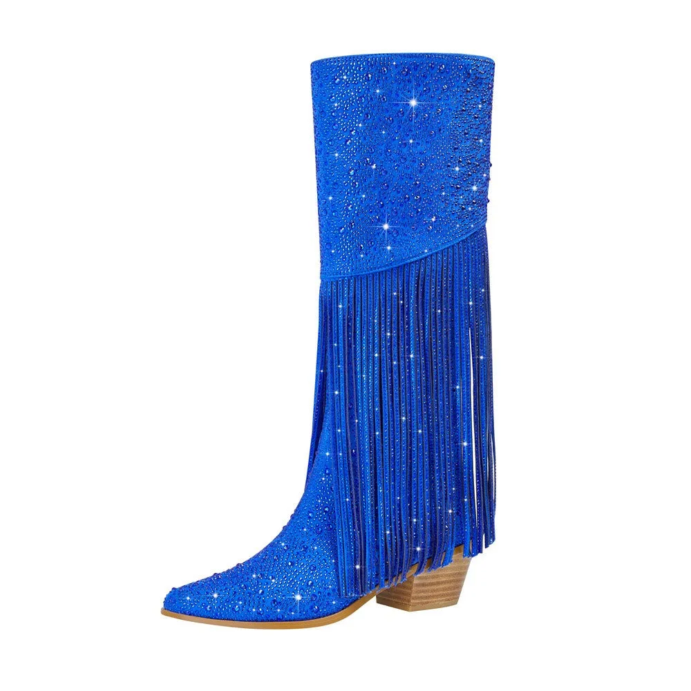 Rhinestone Fringe Square Heel Boots