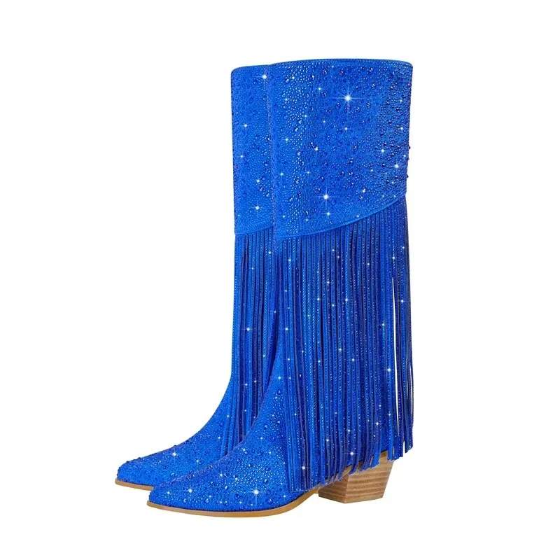 Rhinestone Fringe Square Heel Boots