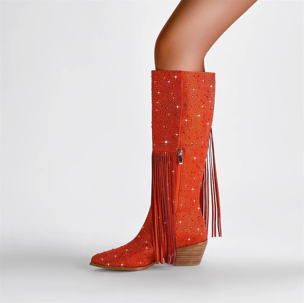 Rhinestone Fringe Square Heel Boots