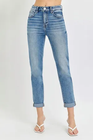 Risen High Rise Cropped Roll Up Jeans