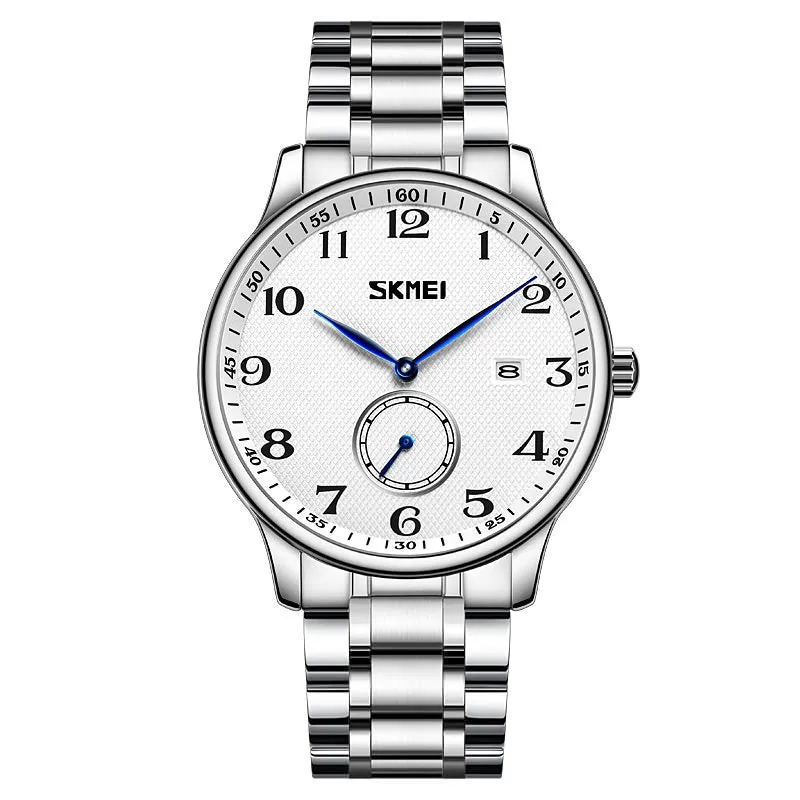 SKMEI 9297 Stainless Steel Wristwatch for Men w/ Blue Pointer & Large Number Dial