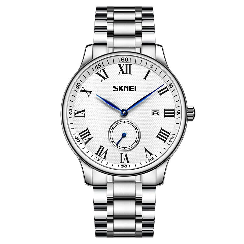 SKMEI 9297 Stainless Steel Wristwatch for Men w/ Blue Pointer & Large Number Dial