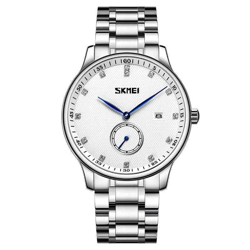 SKMEI 9297 Stainless Steel Wristwatch for Men w/ Blue Pointer & Large Number Dial