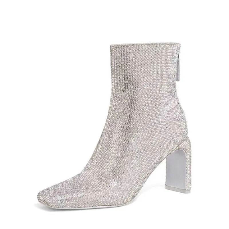 Sparkling Crystals Square Toe Ankle Boots