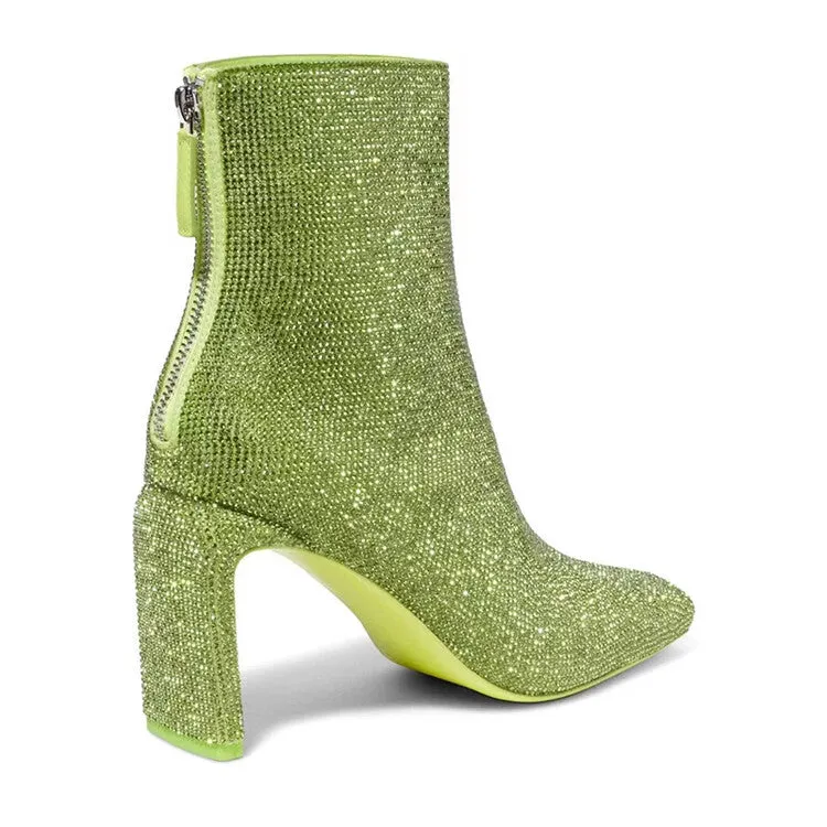 Sparkling Crystals Square Toe Ankle Boots