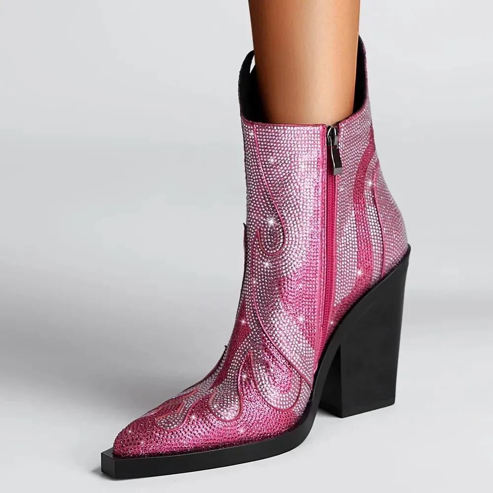 Sparkling Rhinestone Pointed Toe Ankle Boots