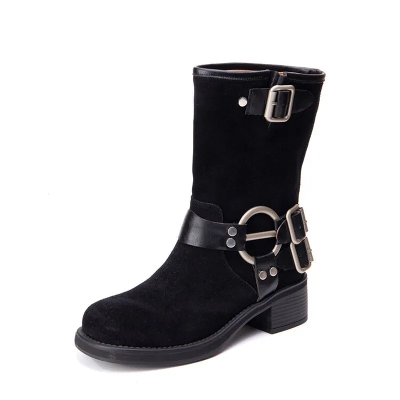 Suede Leather Short Boots For Women Buckle Boots Big Round Toe in Black/Brown/Apricot