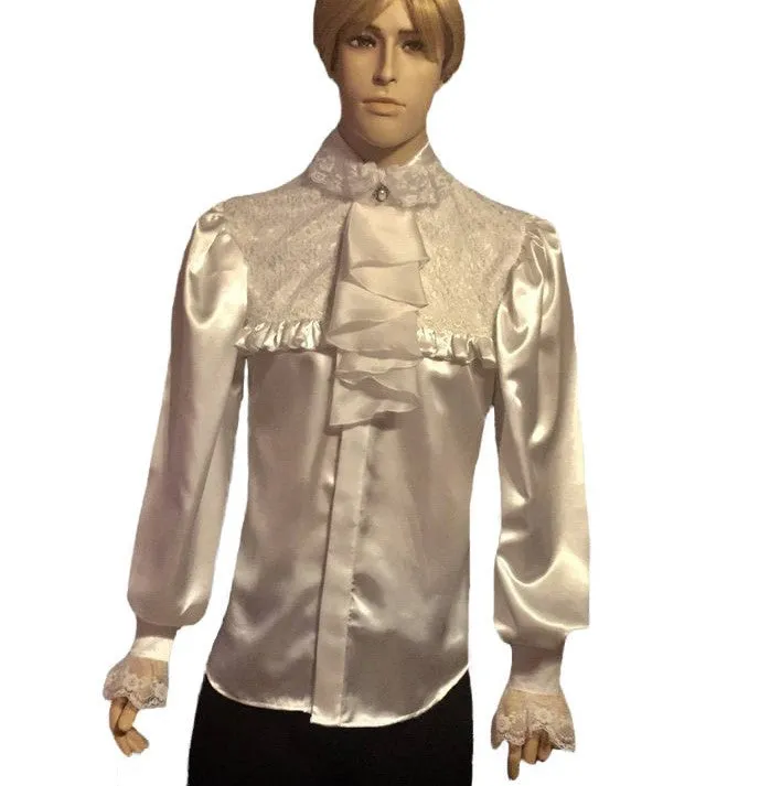 White lace-bib satin dress shirt in  sizes men S M L XL 2XL 3XL