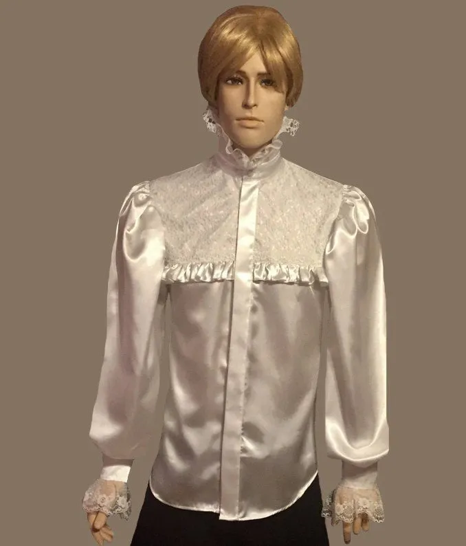 White lace-bib satin dress shirt in  sizes men S M L XL 2XL 3XL